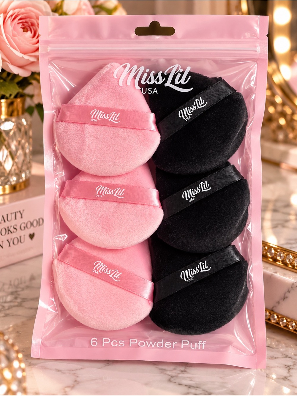 Miss Lil Powder Puff 6-Piece Makeup Applicator Set Pink & Black